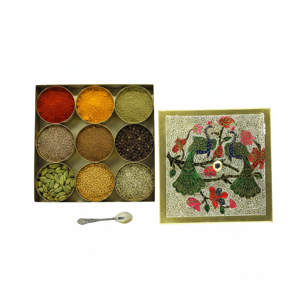 Peacock Square Brass Spice Box 75G / 100G Brass
