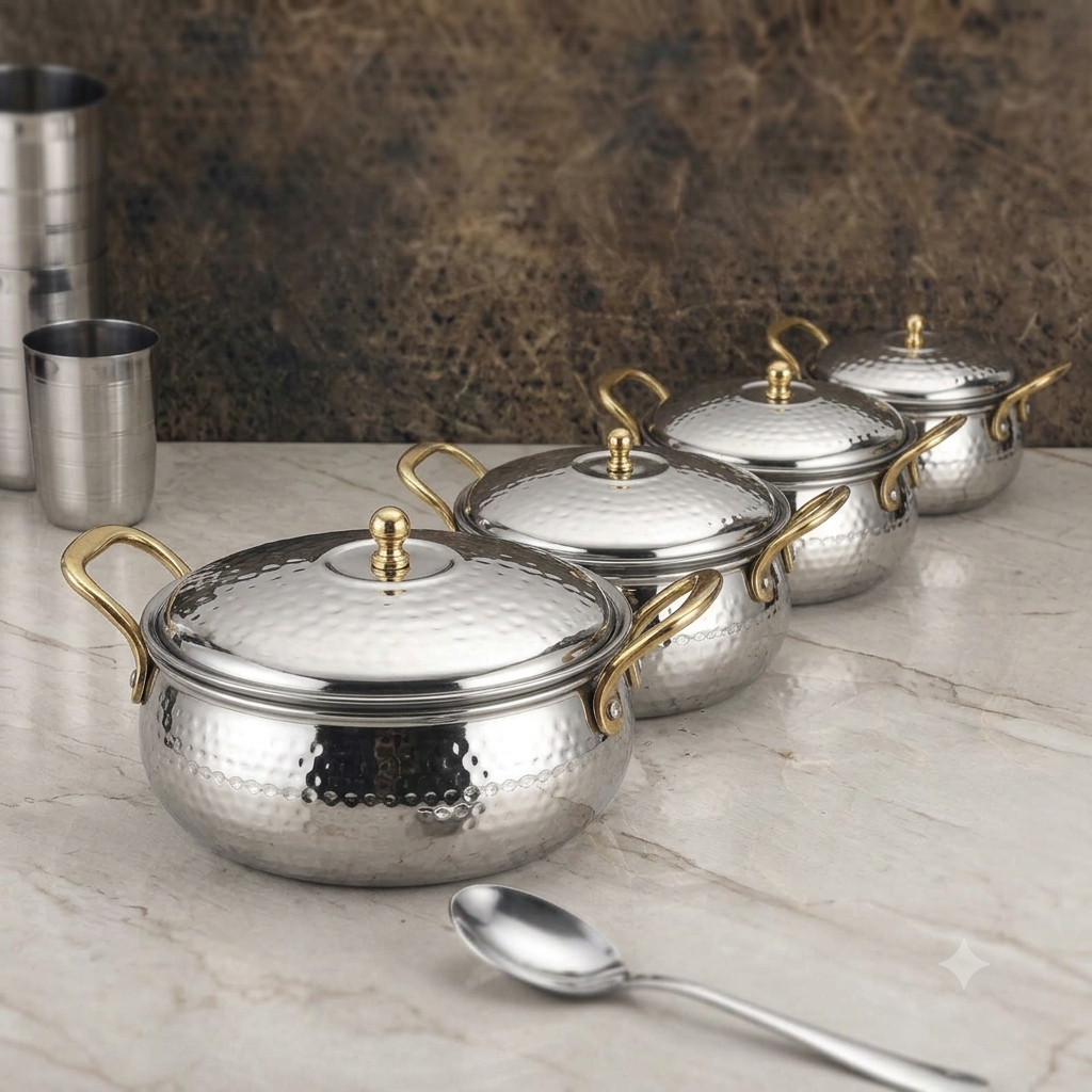 Serving Handi With Lid -Gold Coated Handle