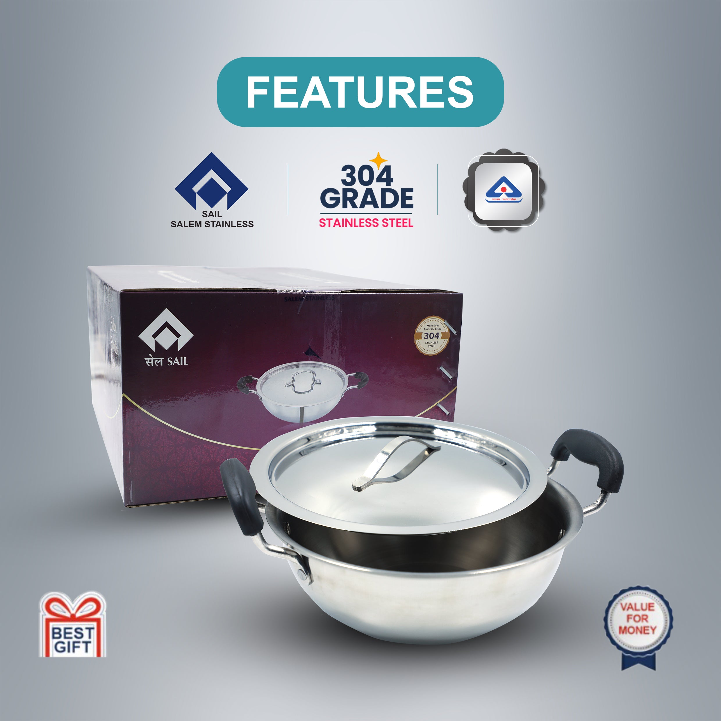 SAIL Premium Kadai – 24CM Heavy-Duty Stainless Steel