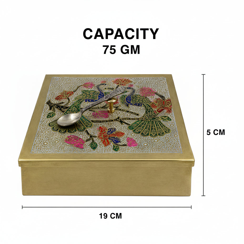 Peacock Square Brass Spice Box 75G / 100G Brass