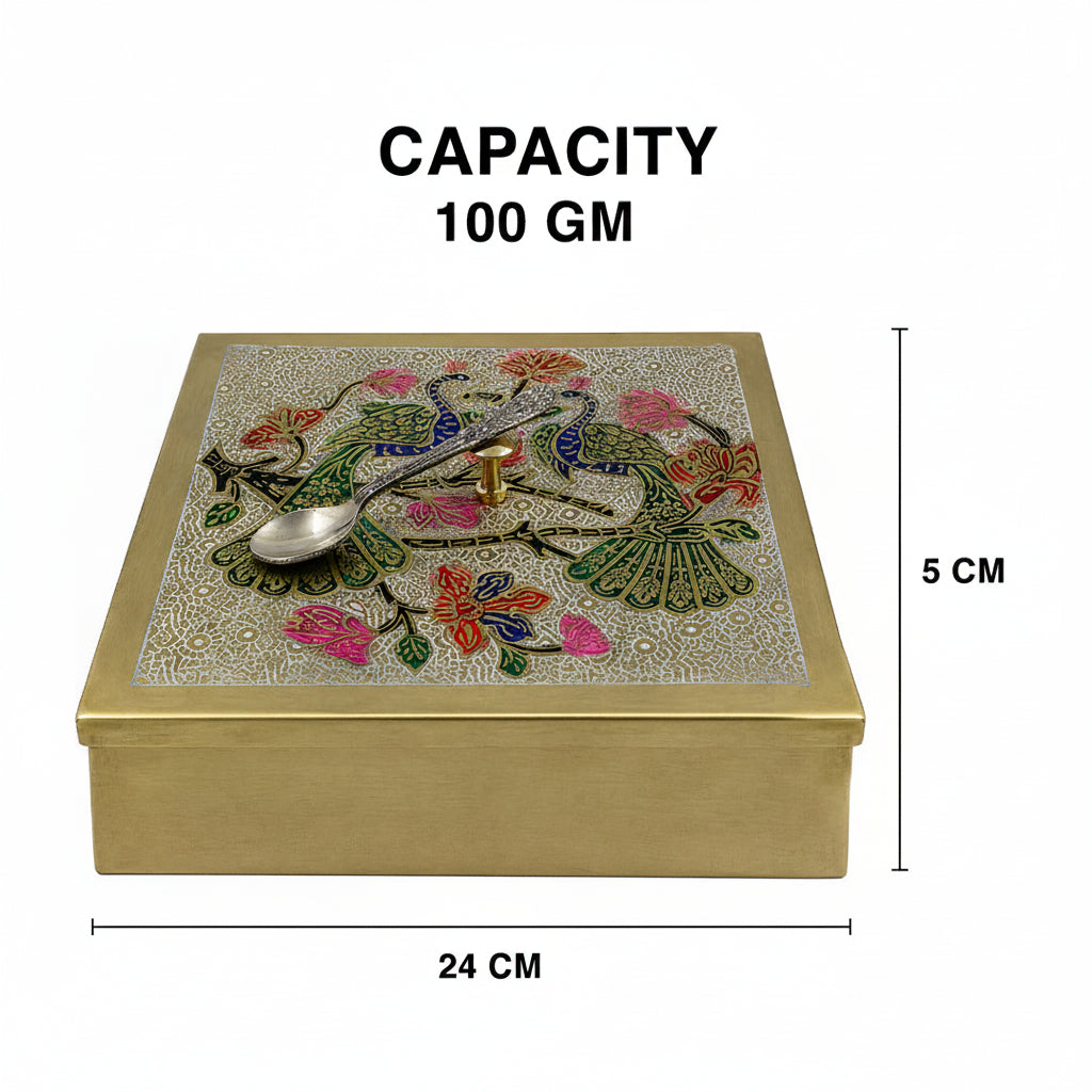 Peacock Square Brass Spice Box 75G / 100G Brass