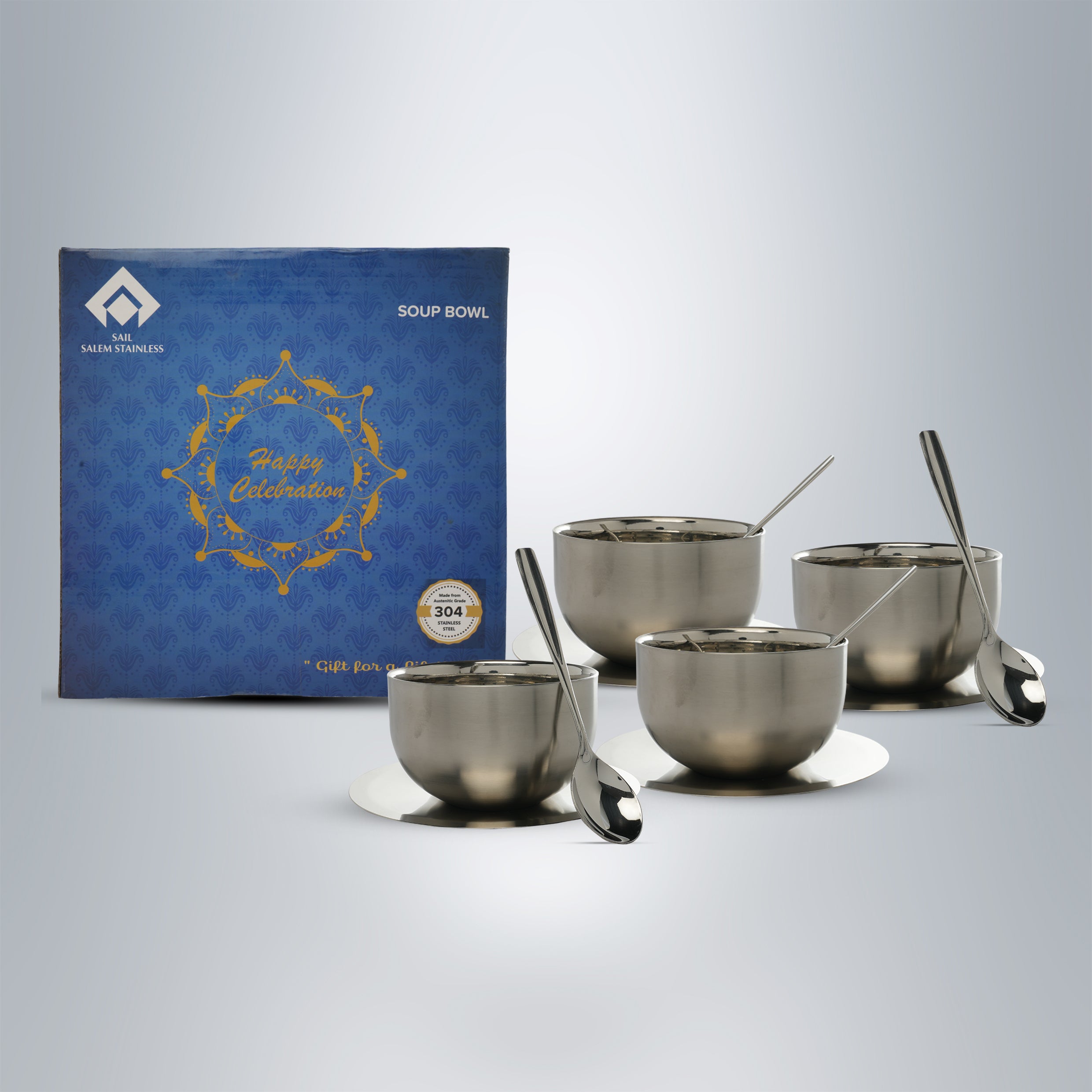 SAIL Salem Stainless Soup Bowl with Saucer & Spoon Set of 4