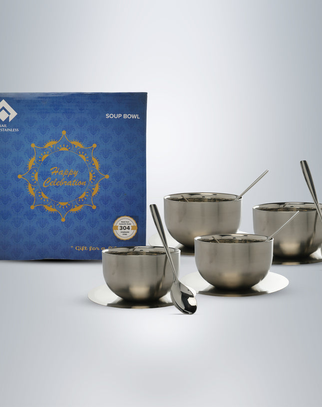 SAIL Salem Stainless Soup Bowl with Saucer & Spoon Set of 4